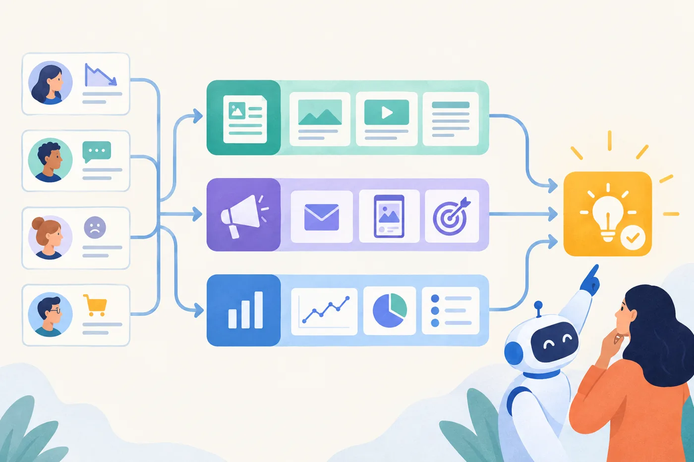 A modular map of a marketing workflow: small customer insight cards feed into content, campaign, and measurement paths, with a highlighted action at the end.: Can AI Help Explain Customer Churn When Exit Feedback Is Sparse?