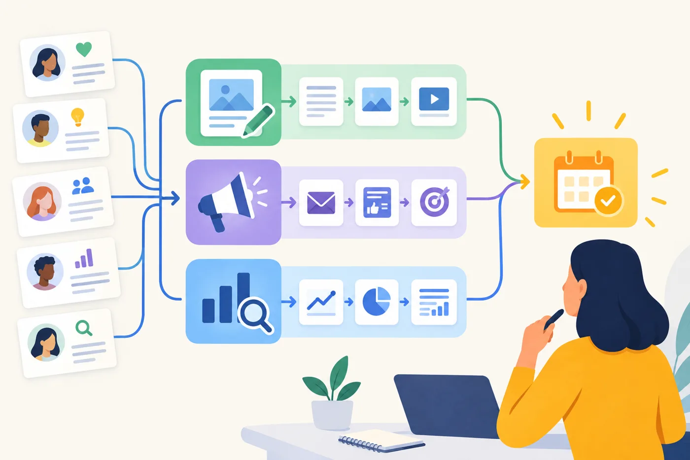 A modular map of a marketing workflow: small customer insight cards feed into content, campaign, and measurement paths, with a highlighted action at the end.: Which Content Ideas Deserve a Place on Your Calendar When Review Time Is Limited?