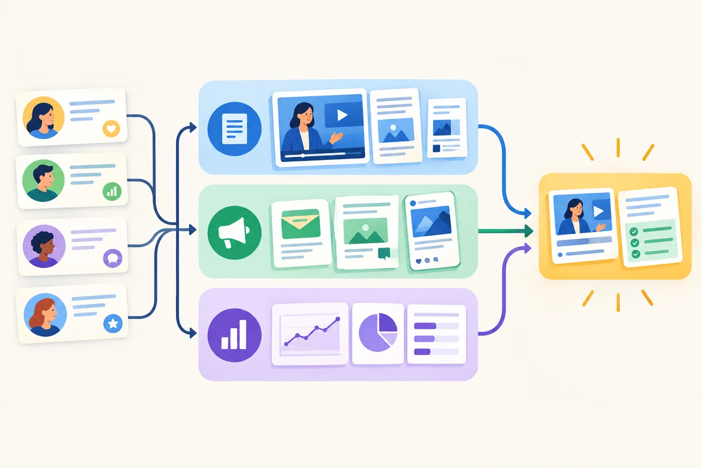 A modular map of a marketing workflow: small customer insight cards feed into content, campaign, and measurement paths, with a highlighted action at the end.: How Can You Turn a Webinar Into Useful Content Without Dropping Important Qualifiers?