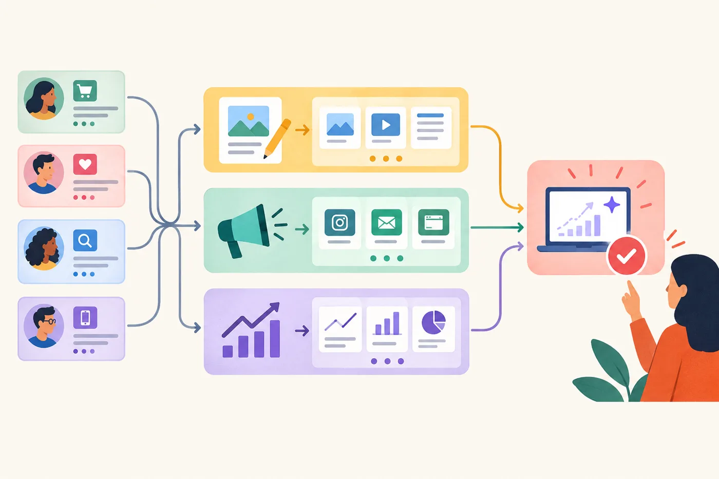 A modular map of a marketing workflow: small customer insight cards feed into content, campaign, and measurement paths, with a highlighted action at the end.: How Should You Use AI Campaign Forecasts When the Budget Is Small?
