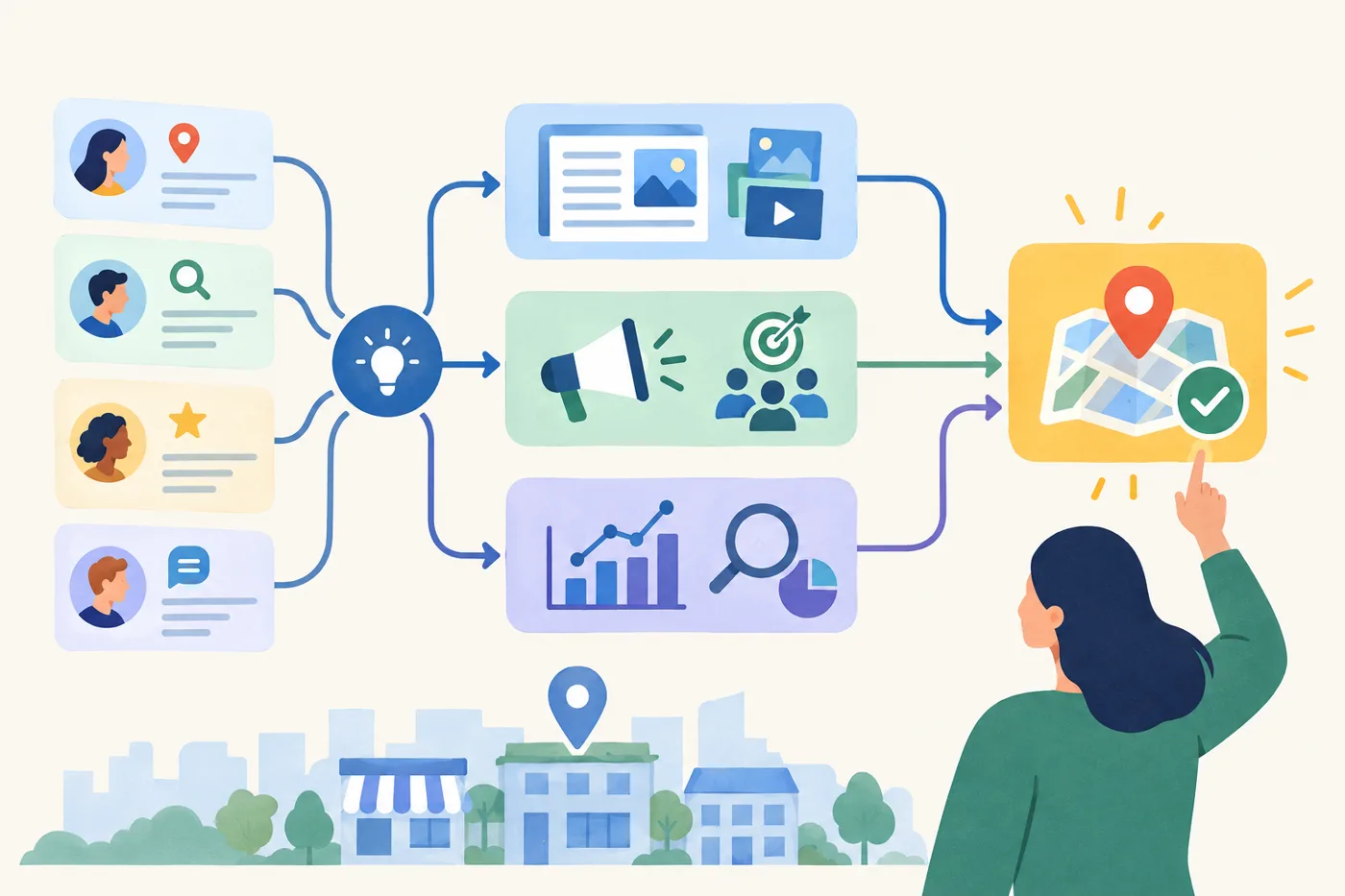 A modular map of a marketing workflow: small customer insight cards feed into content, campaign, and measurement paths, with a highlighted action at the end.: How Can You Build Local SEO Pages Without Claiming Service You Cannot Provide?