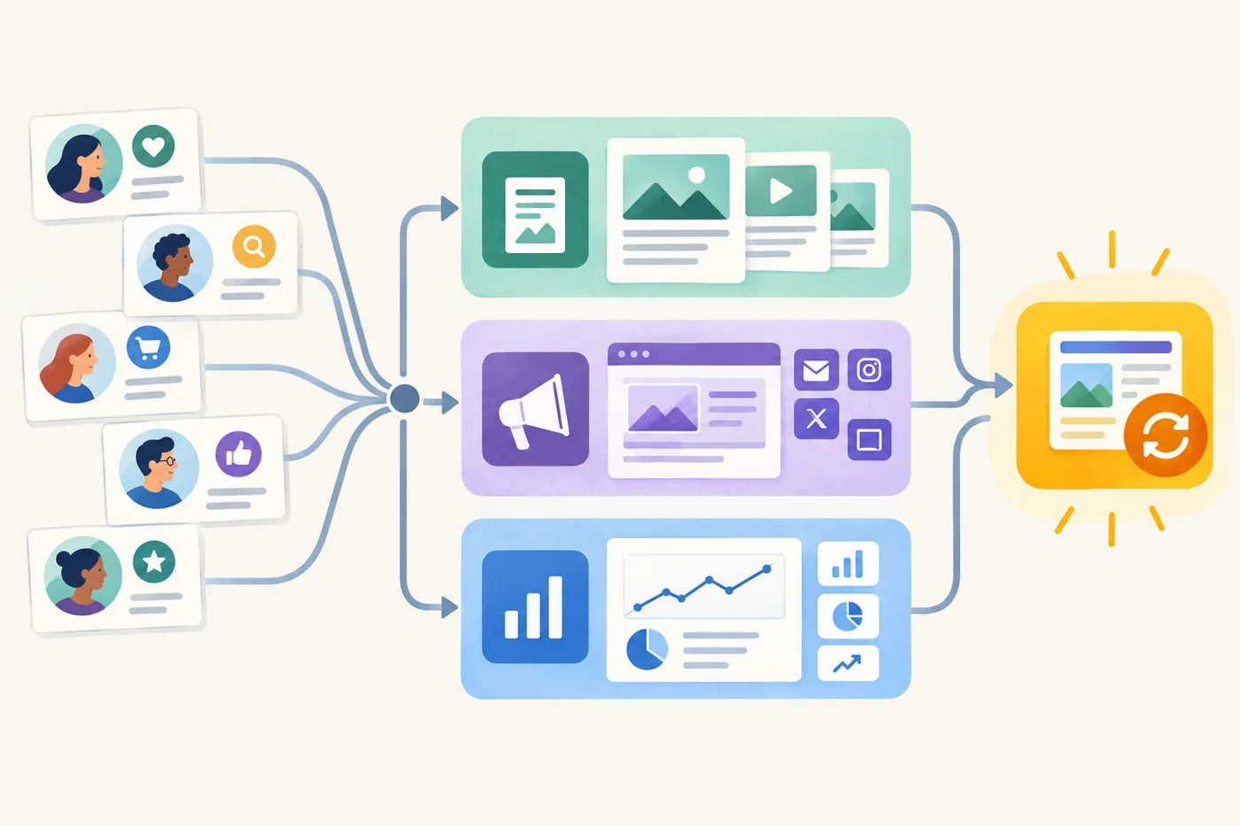 A modular map of a marketing workflow: small customer insight cards feed into content, campaign, and measurement paths, with a highlighted action at the end.: Which Aging Pages Should You Refresh If Traffic Is the Wrong Priority?