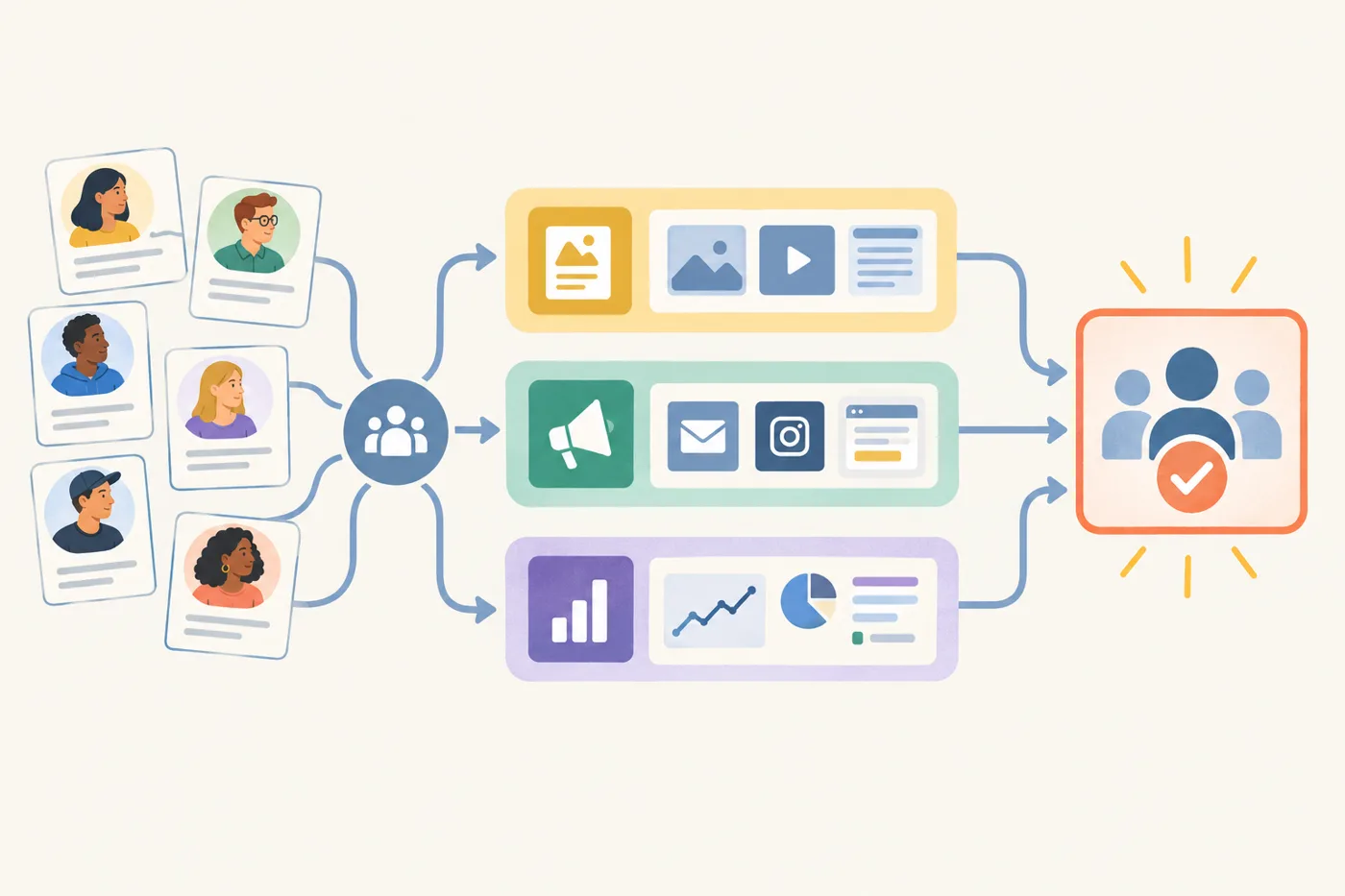 A modular map of a marketing workflow: small customer insight cards feed into content, campaign, and measurement paths, with a highlighted action at the end.: How Can You Recruit Customer Interviewees Without Hearing Mostly From Loyal Fans?