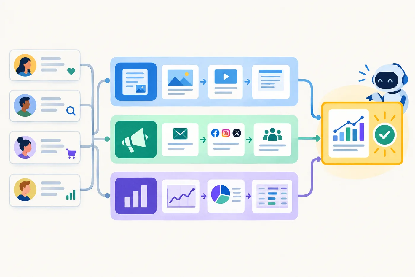 A modular map of a marketing workflow: small customer insight cards feed into content, campaign, and measurement paths, with a highlighted action at the end.: Can AI Make Campaign Reporting Easier If Your UTM Tags Are Inconsistent?