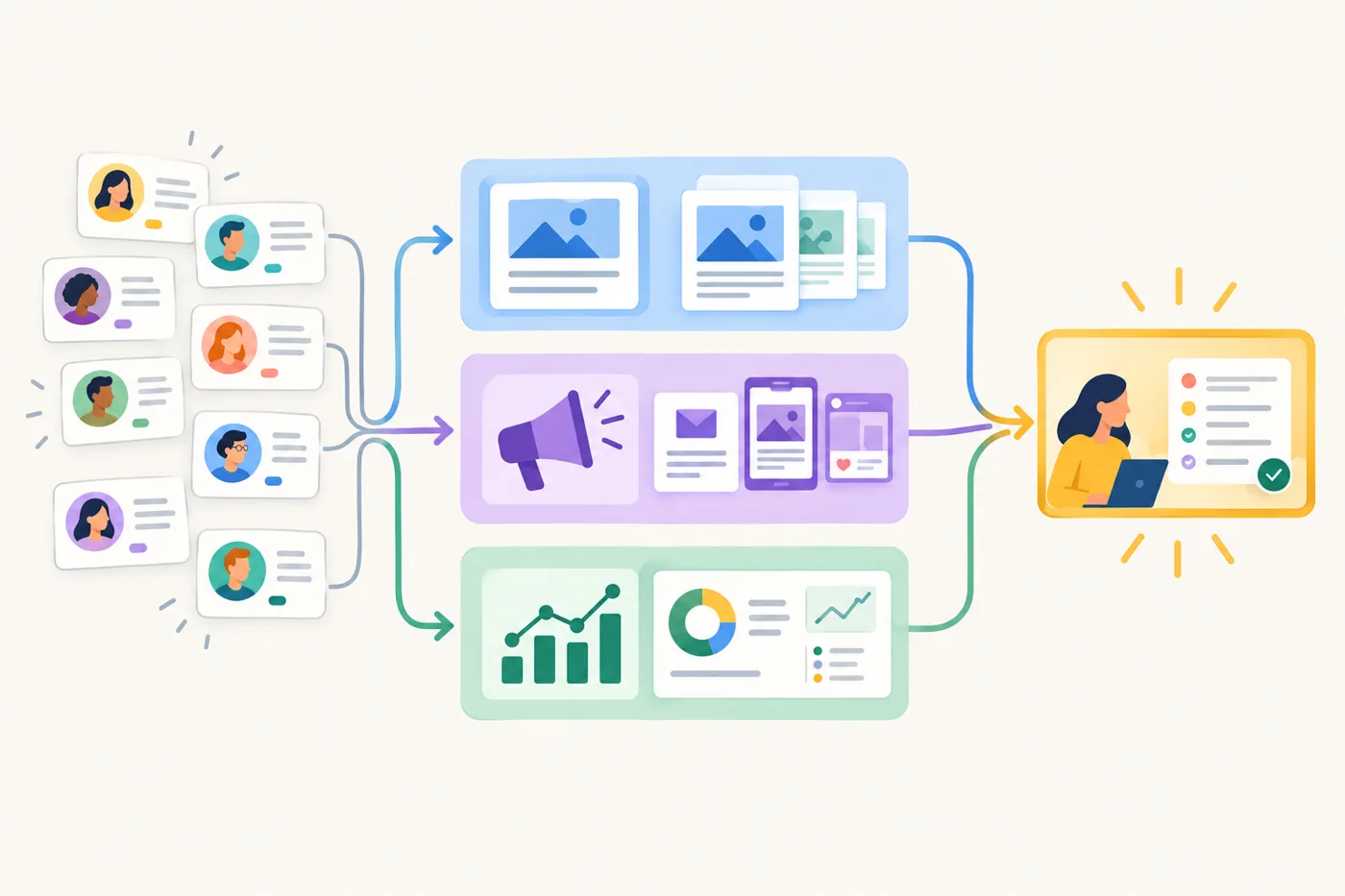 A modular map of a marketing workflow: small customer insight cards feed into content, campaign, and measurement paths, with a highlighted action at the end.: How Can AI Summarize Survey Comments Without Erasing Less Common Needs?